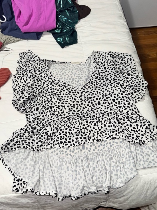 Altar'd State Tops - Altar'd State White Top with Black Spot Print and Ruffle Hem